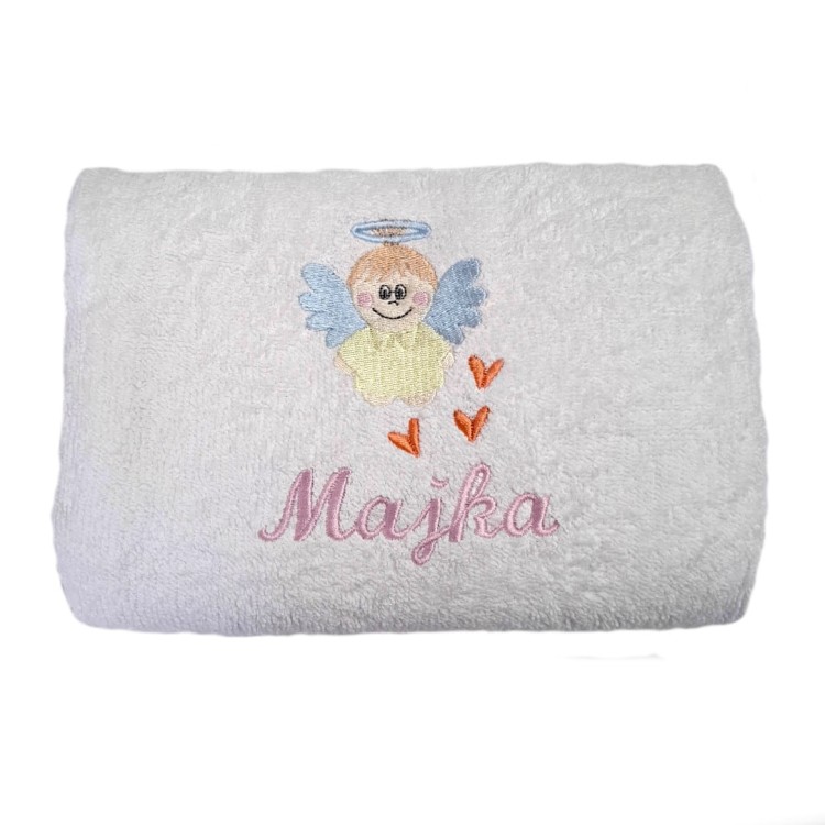 ręcznik biały dla dziewczynki z imieniem i motywem aniołka