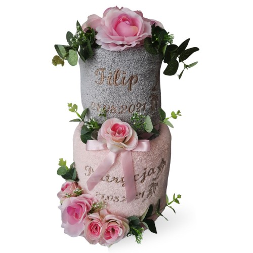 Tort pietrowy z personalizowanych ręczników kolor szaro różowy.jpg