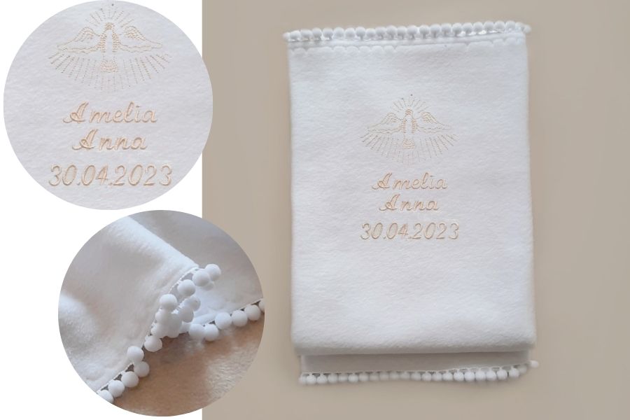 kocyk dla dziecka biały prezent na chrzest haftyok.pl