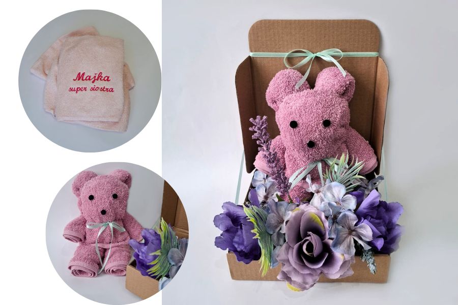 box prezentowy z ręcznikiem w kształcie misia haftyok.pl