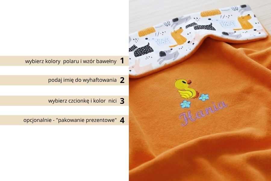 kocyk dla dziecka z imieniem i kaczuszką na prezent