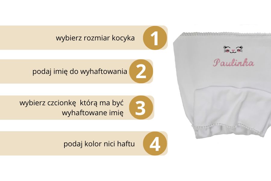 biały kocyk dla dziecka z imieniem i pomponami haftyok.pl