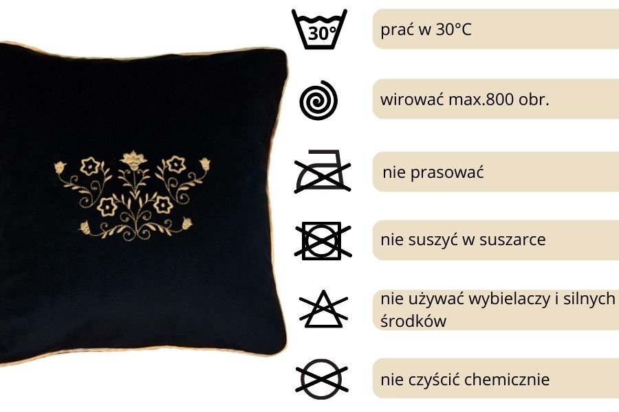 poduszka dekoracyjna velvet czarna z haftowanym motywem