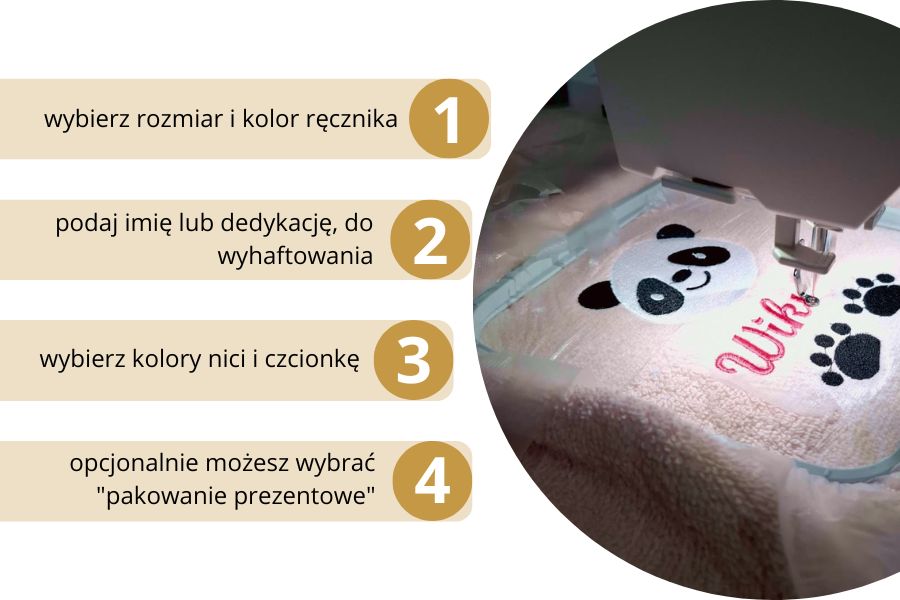 różowy ręcznik z imieniem dziecka i motywem pandy