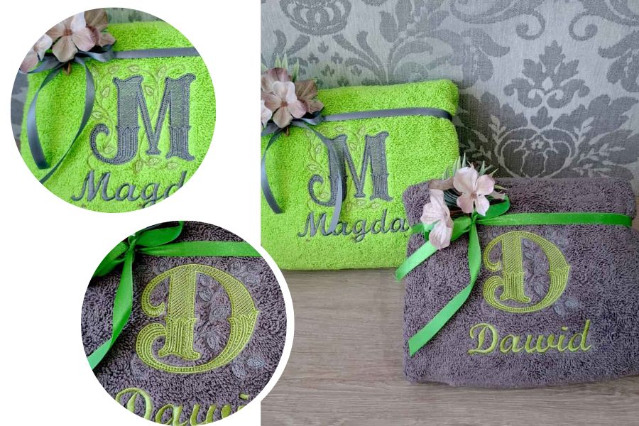 ręczniki z imionami na prezent szary ręcznik zielony ręcznik