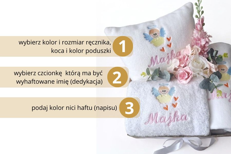 zestaw prezentowy dla dziecka poduszka koc ręcznik z imieniem