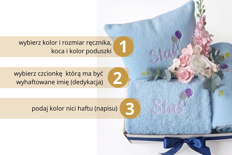 zestaw prezentowy dla dziecka poduszka koc ręcznik z imieniem