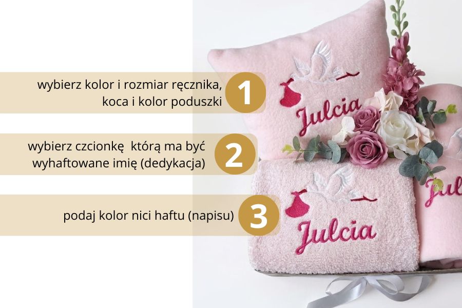 zestaw prezentowy dla dziecka poduszka koc ręcznik z imieniem