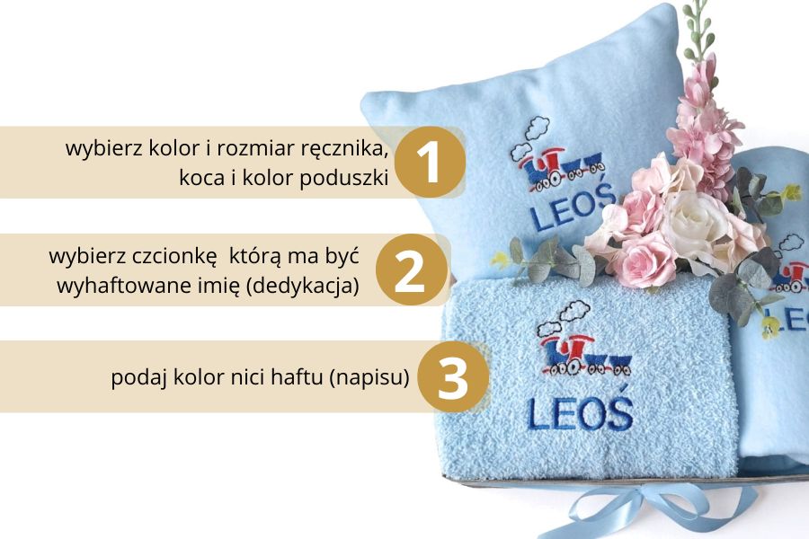 zestaw prezentowy dla dziecka poduszka koc ręcznik z imieniem