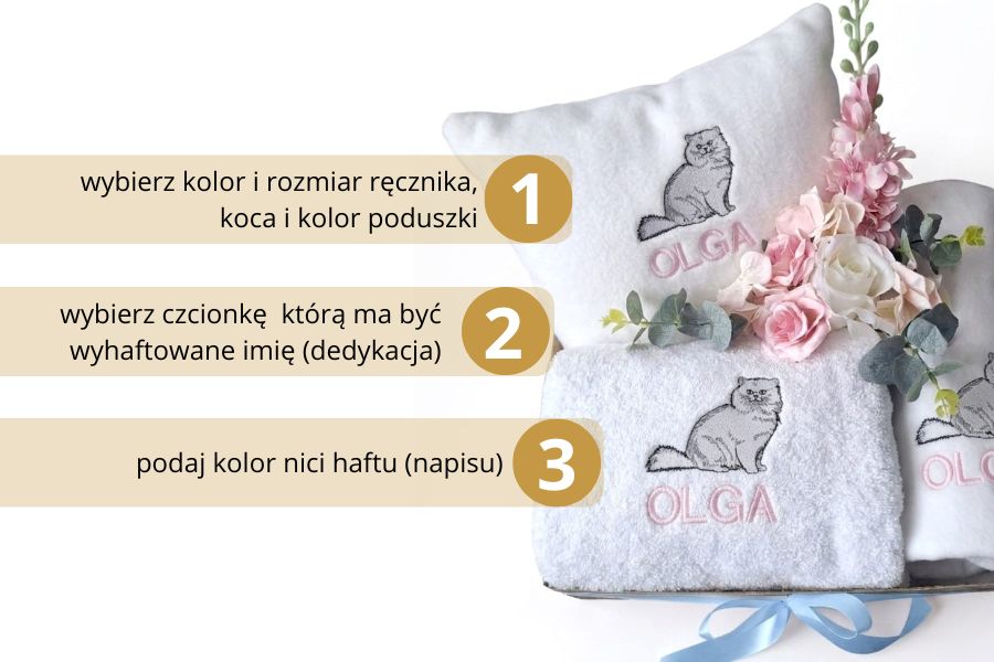 zestaw dla dziecka koc poduszka ręcznik z imieniem dziecka i motywem szrego kota