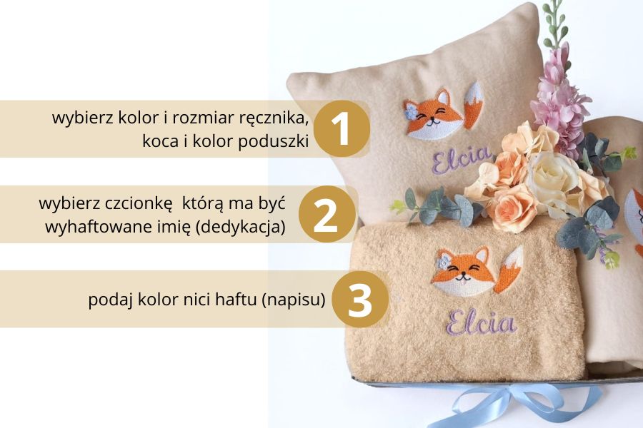 zestaw dla dziecka koc poduszka ręcznik z imieniem dziecka i motywem rudego liska