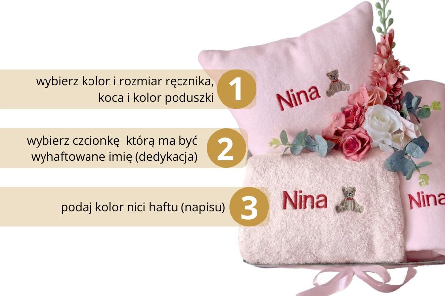 zestaw dla dziecka koc poduszka ręcznik z imieniem dziecka i motywem beżowego misia
